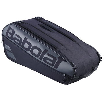 The Babolat Court L 9 Racket Badminton Bag in black features a spacious main compartment and zippered sections, with "Babolat" prominently on the side. Made from recycled PET, this versatile bag includes shoulder straps for easy carrying.