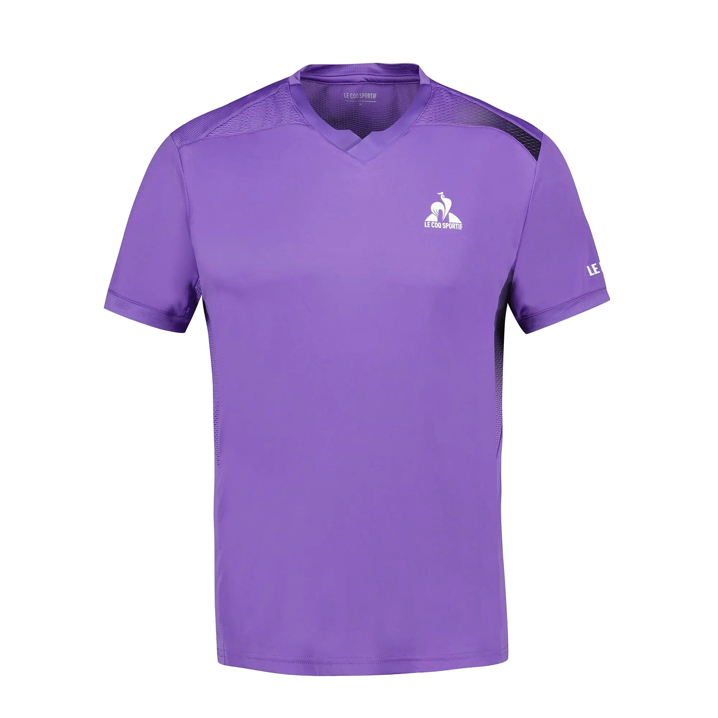 The Chive Blossom Le Coq Sportif Pro Men's Badminton T-Shirt features a v-neck design and is made from breathable polyester, complete with mesh panels on the shoulders for enhanced movement. It boasts a white rooster logo on the left chest and "LE COQ SPORTIF" text on the sleeve, confirming its authenticity as part of the Le Coq Sportif collection.