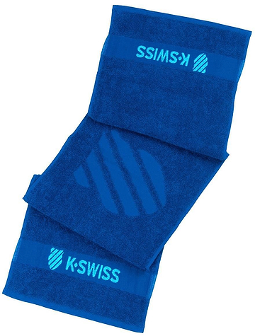 Three K-Swiss 60 Year Anniversary Towels in Brunner Blue are stacked, each featuring the K-Swiss logo and name in light blue on a darker blue band—a perfect 100% cotton tennis towel for fans and players.