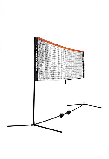 The Dunlop 3m Mini Badminton Net & Post Set in black and orange features a lightweight, durable frame with tripod-style bases and is displayed on a white background.
