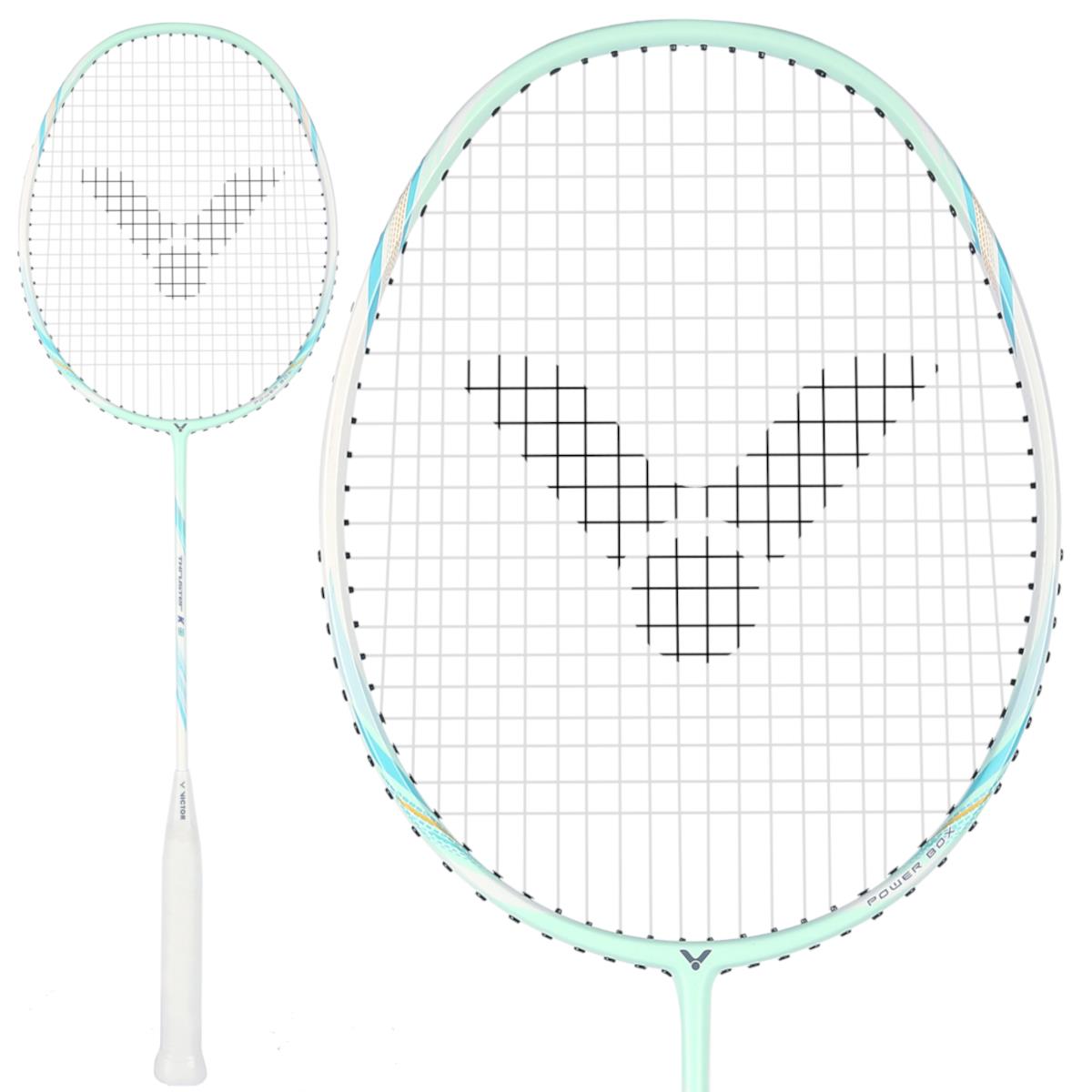 The Victor Thruster K 8 G 4U Badminton Racket in Light Cyan features Power Box technology and a black V-shaped pattern on the stringbed, shown with a close-up of the racket head next to its full-length view.