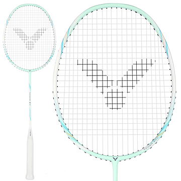 The Victor Thruster K 8 G 4U Badminton Racket in Light Cyan features Power Box technology and a black V-shaped pattern on the stringbed, shown with a close-up of the racket head next to its full-length view.