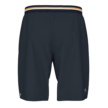 HEAD Performance Men's Badminton Shorts in navy blue showcase a minimalist design with a black and yellow striped waistband, as seen from the back. Crafted with 4-way stretch fabric and equipped with Moisture Transfer Microfiber technology, they ensure optimal comfort.