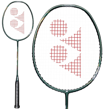 A Yonex Astrox Light 43i 5U Badminton Racket by Yonex in dark green, featuring a black handle and frame, red Yonex logo on a white strung head, shown fully and with a close-up of its lightweight hi-flex shaft.