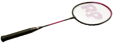 The Sure Shot The Racket Pack Flo 25 Inch Badminton Racket features a maroon shaft, black grip, and red logo on the string area. Angled diagonally left on a white backdrop, it's lightweight aluminum design suits younger players.