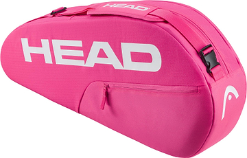 The HEAD Base 3 Racket Badminton Bag S in bright pink features a white HEAD logo, side zipper pocket, and adjustable shoulder strap, displayed against a white background.
