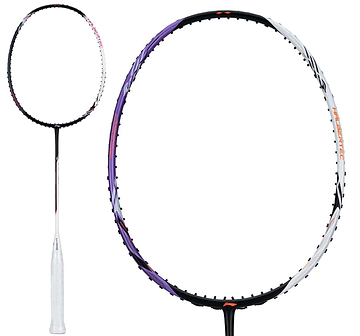 The Li-Ning Halbertec 5000 4U Badminton Racket in white and purple is shown, featuring a white handle, oval head, and High Modulus Graphite construction for added strength.