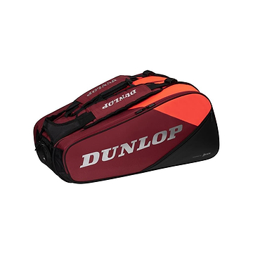 The Dunlop CX Performance 12 Badminton Racket Bag in black and red features multiple compartments and ergonomic shoulder straps for effortless transport. The "Dunlop" logo is prominently displayed on the side, combining style with the ideal racket storage solution for all your sports needs.