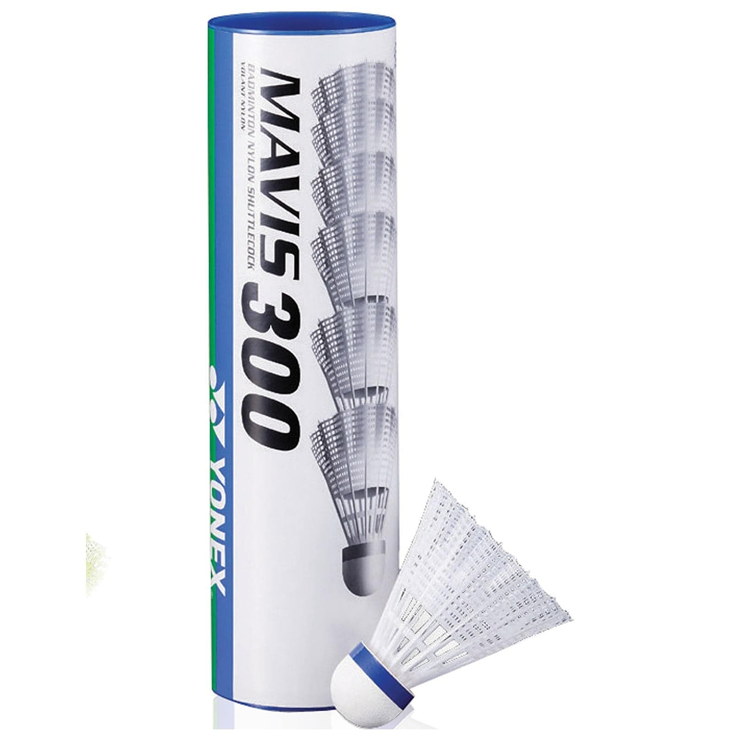 A tube of Yonex Mavis 300 Badminton Nylon Shuttles White - Set of 6 stands upright, with one white shuttlecock with a blue band in front. The white and blue packaging features Yonex branding and the Mavis 300 product name.