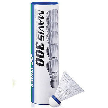 A tube of Yonex Mavis 300 Badminton Nylon Shuttles White - Set of 6 stands upright, with one white shuttlecock with a blue band in front. The white and blue packaging features Yonex branding and the Mavis 300 product name.