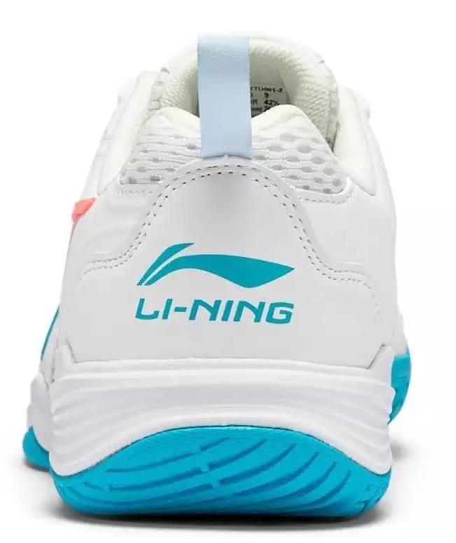 The Li-Ning Almighty V2.0 Unisex Badminton Shoes in white/blue feature the blue Li-Ning logo and text on the heel, a blue and white sole, and are designed for superior breathability.