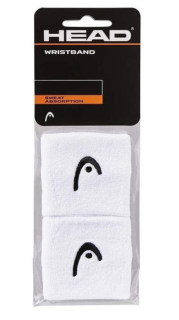 The packaging of the HEAD 2.5" Badminton Wristband - White highlights two white sweatbands featuring the iconic logo. Emphasizing "Sweat Absorption," these wristbands provide excellent elasticity for improved comfort and performance during badminton games.