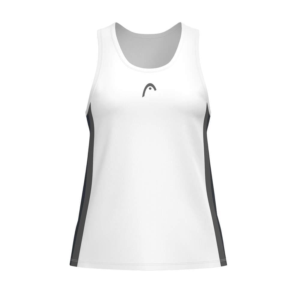 The HEAD Club 25 Tech Women's Badminton Tank Top in navy and white features moisture transfer microfiber technology, dark gray side panels, a small black chest logo, and is displayed on a plain white background.