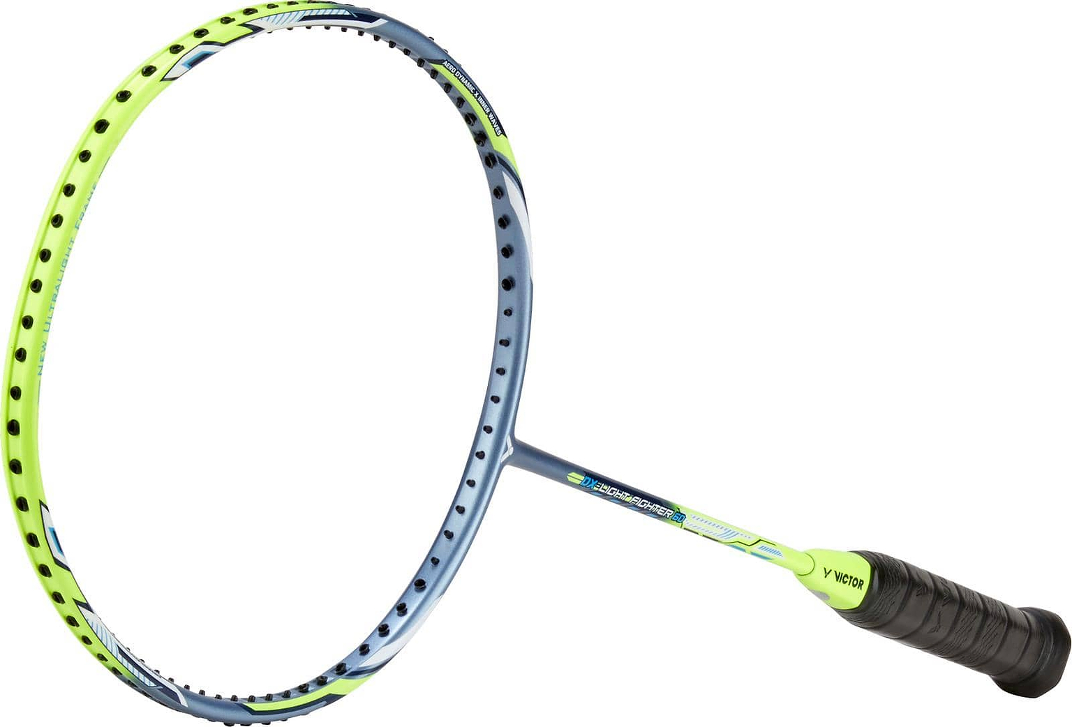 A close-up of the Victor DriveX Light Fighter 60 E badminton racket showcases a green frame and black grip. This stylish design includes an aerodynamic frame with small stringing holes and a head-heavy balance. The shaft prominently displays the Victor brand logo and model name.