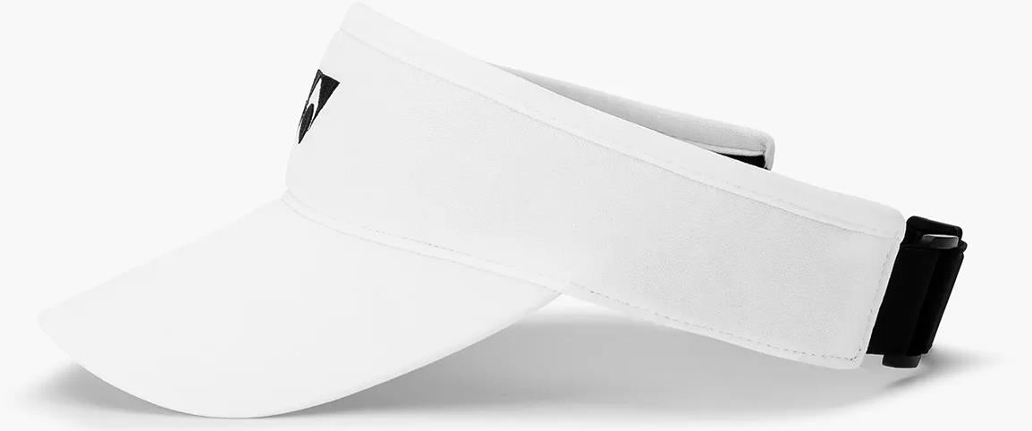 The Yonex 40126EX Badminton Visor in white features a curved brim, adjustable black strap, and a small Yonex logo on the front left band.