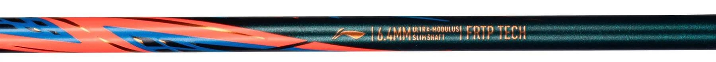 A close-up of the Li-Ning Axforce 90 5U Badminton Racket in black, featuring blue, orange, and red accents. Made from carbon fibre, it displays the gold Li-Ning branding on its shaft.
