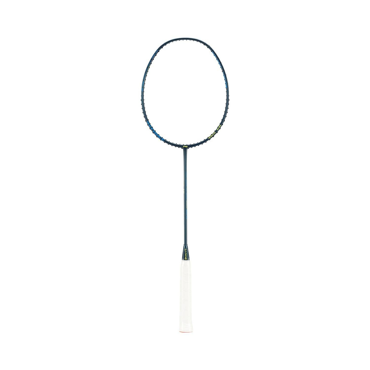 A Li-Ning Axforce 10 5U Badminton Racket - Indigo (Unstrung) by Li-Ning, featuring a head-heavy balance, black frame, and white handle, is shown standing vertically against a plain white background.