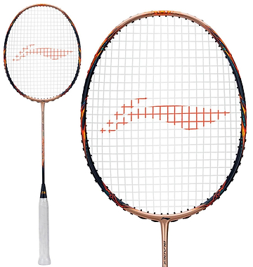 A close-up and full view of the Li-Ning BladeX 900 Sun Max 3U Badminton Racket in Red Copper, showcasing a white grip, orange strings, and HDF Shock Absorbing System against a crisp white background.