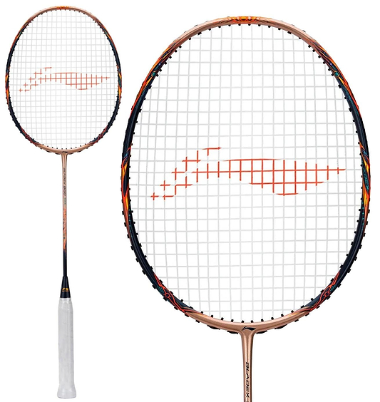A close-up and full view of the Li-Ning BladeX 900 Sun Max 3U Badminton Racket in Red Copper, showcasing a white grip, orange strings, and HDF Shock Absorbing System against a crisp white background.