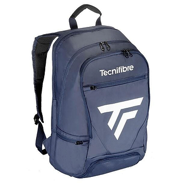 The Tecnifibre Tour Endurance 2023 Badminton Backpack in Navy Blue showcases a spacious front pocket with a distinctive white logo design. Made from durable Tarpaulin fabric, it includes an ergonomic carrying system with adjustable padded straps and several zippered compartments for convenient storage, making it perfect for those seeking the quality of the Tecnifibre Tour Endurance series.