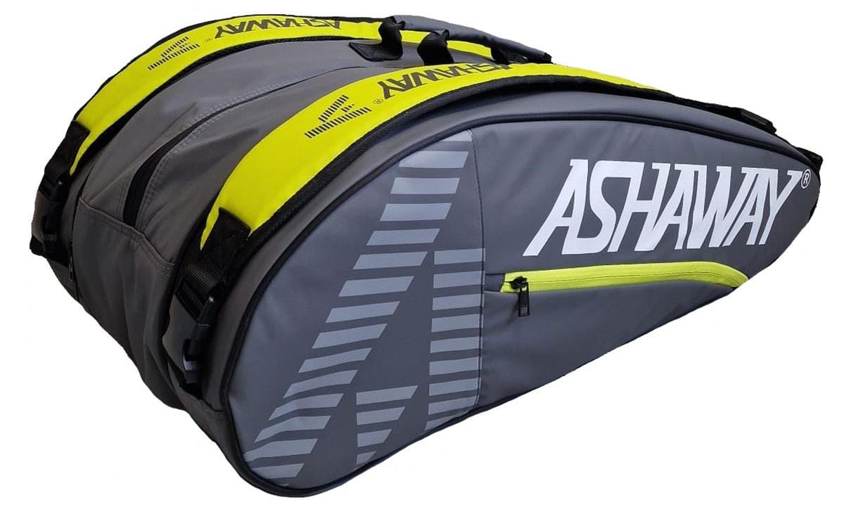 The Ashaway ATB871 Triple Thermo 9 Racket Badminton Bag in grey/yellow features a side zipper pocket, prominent white Ashaway branding, and dual top carrying handles for easy transport.