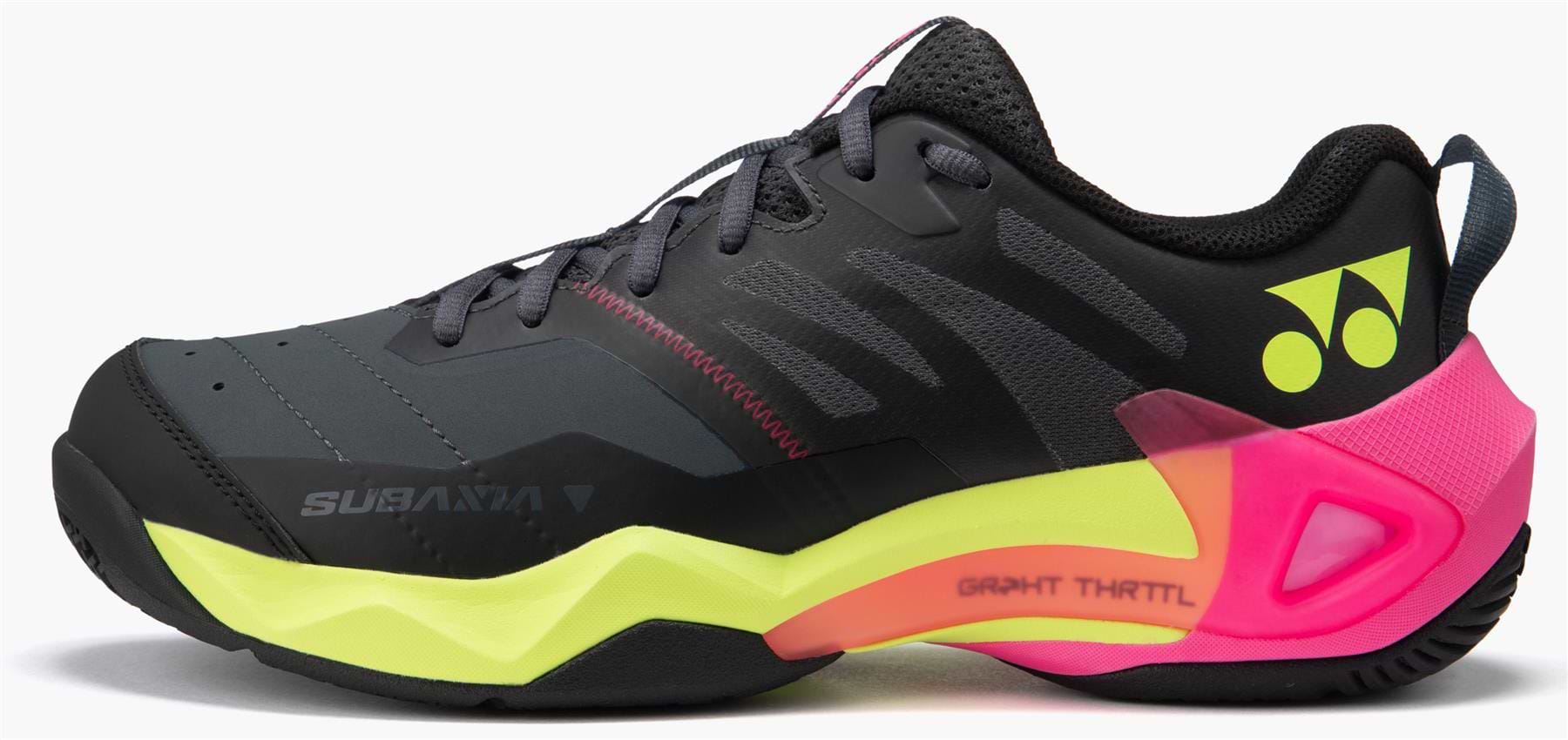 The Yonex Subaxia GT Men's Badminton Shoes in dark grey feature neon yellow and pink accents, gray laces, bold design lines, heel logo, "SUBAMYA" and "GRAVITY THRLT" on the side, plus GRPHT THRTTL tech for superior support.