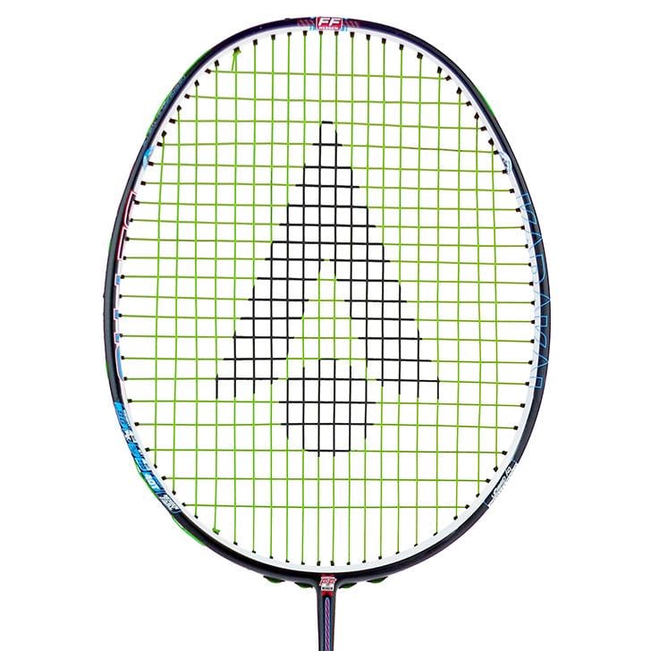 The Karakal Black Zone BZ Pro Badminton Racket features a black frame, green strings with Muscle Tec Technology, and a triangle logo at the stringbed center. Its isometric head enhances precision, all set against a plain white background.