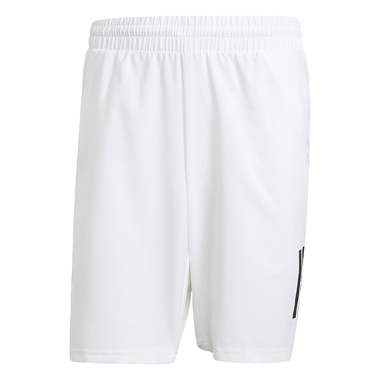 The adidas Men's 3 Stripe Badminton Shorts in white are ideal for the court, featuring a moisture-wicking fabric to keep you cool. An elastic waistband and subtle black logo near one hem provide style and functionality.