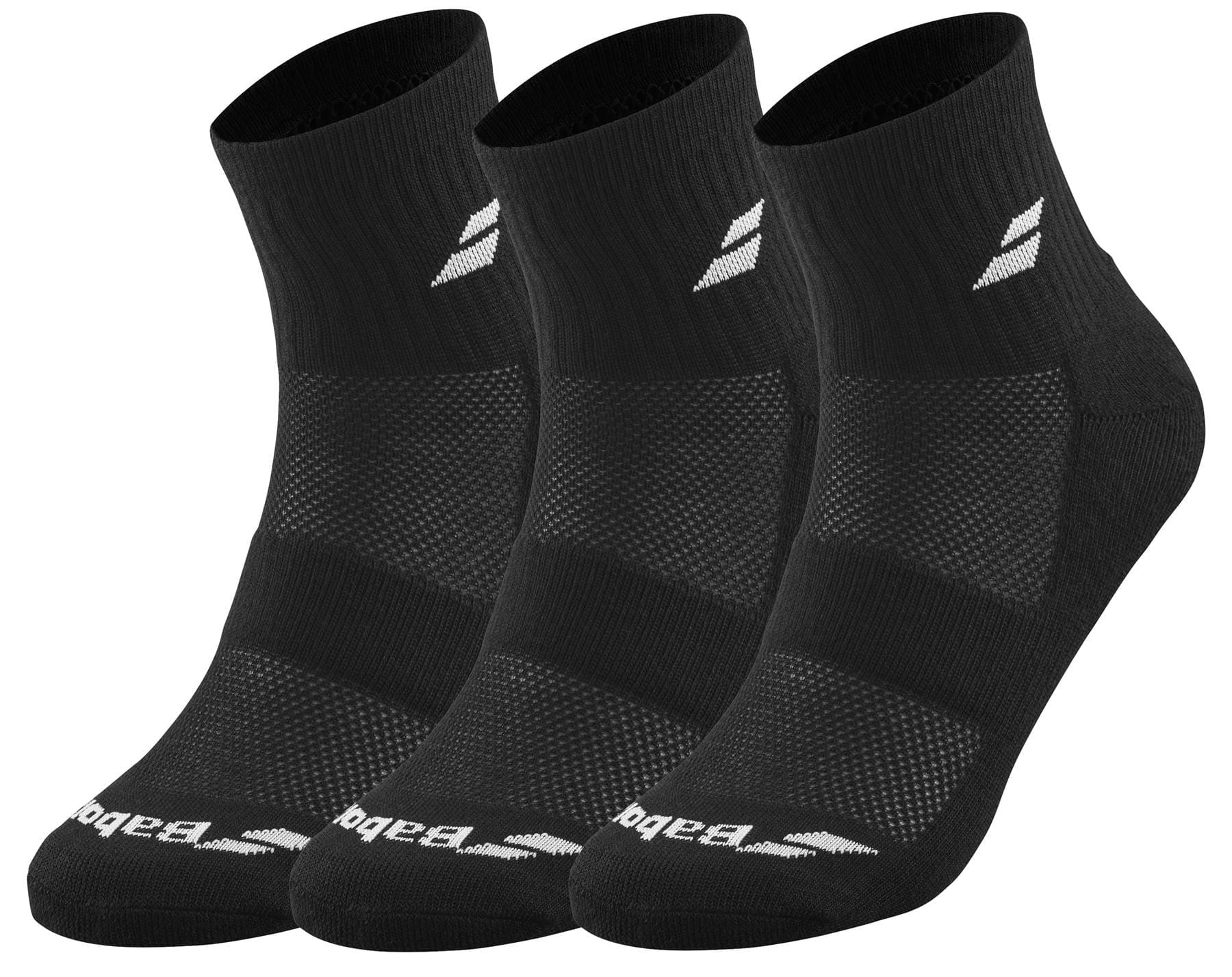 The Babolat Quarter 3 Pack Badminton Socks in black are arranged in a row, each showcasing a subtle white logo on the side. These socks feature textured patterns and ventilated zones designed to enhance grip, comfort, and support.