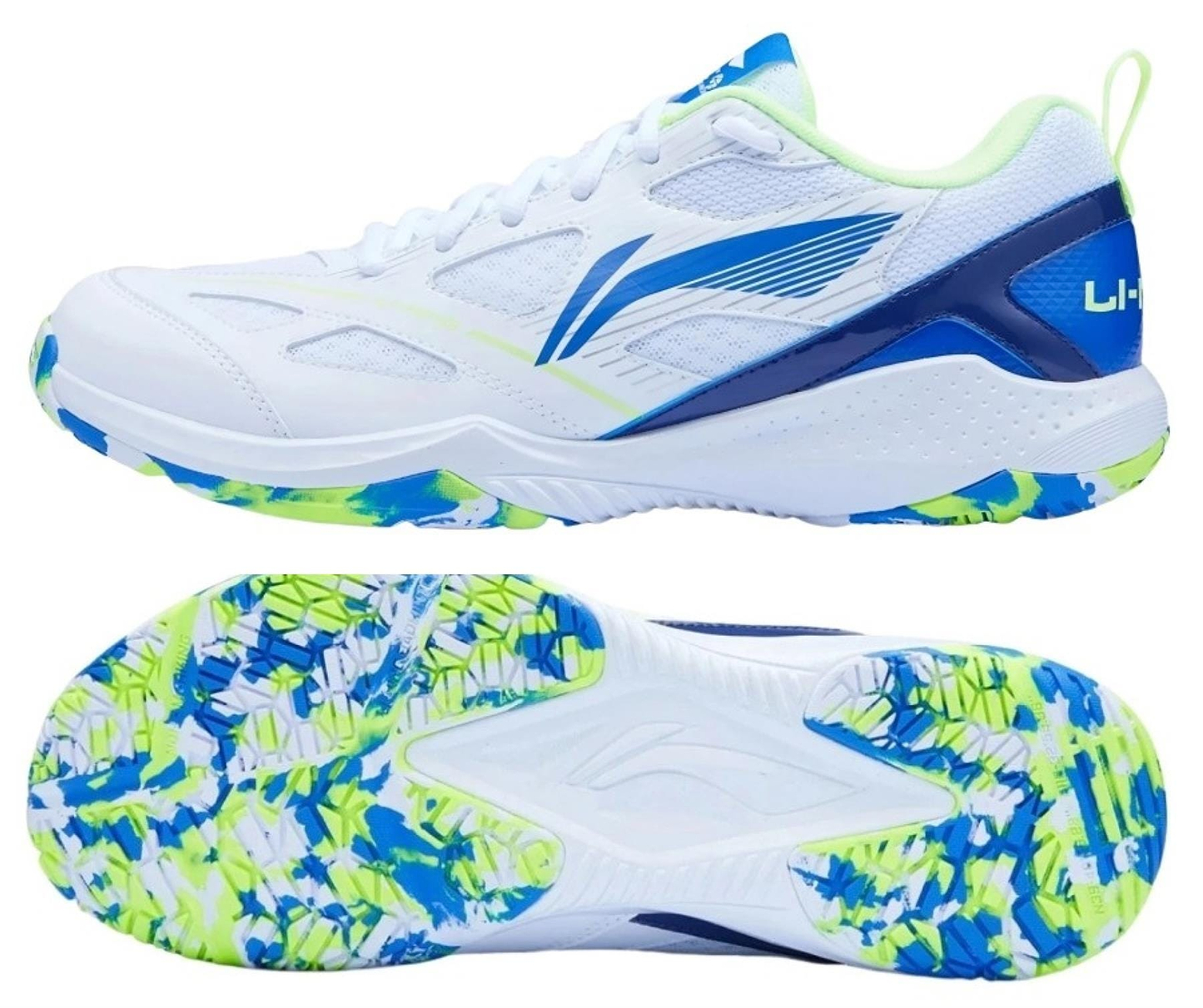 The Li-Ning Blast JF-01 Lite Unisex Badminton Shoes in white, blue, and green feature a vibrant camo-patterned non-marking outsole, lightweight design, and stylish blue and neon green accents—shown from the side and bottom.