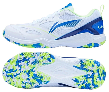 The Li-Ning Blast JF-01 Lite Unisex Badminton Shoes in white, blue, and green feature a vibrant camo-patterned non-marking outsole, lightweight design, and stylish blue and neon green accents—shown from the side and bottom.