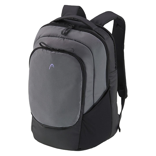Introducing the HEAD Pro X Badminton Backpack 30L in Black/Dark Grey, featuring multiple compartments and crafted from recycled PET bottles. It includes a loop handle and adjustable straps with a subtle logo on the front—a perfect blend of simplicity and eco-conscious design.