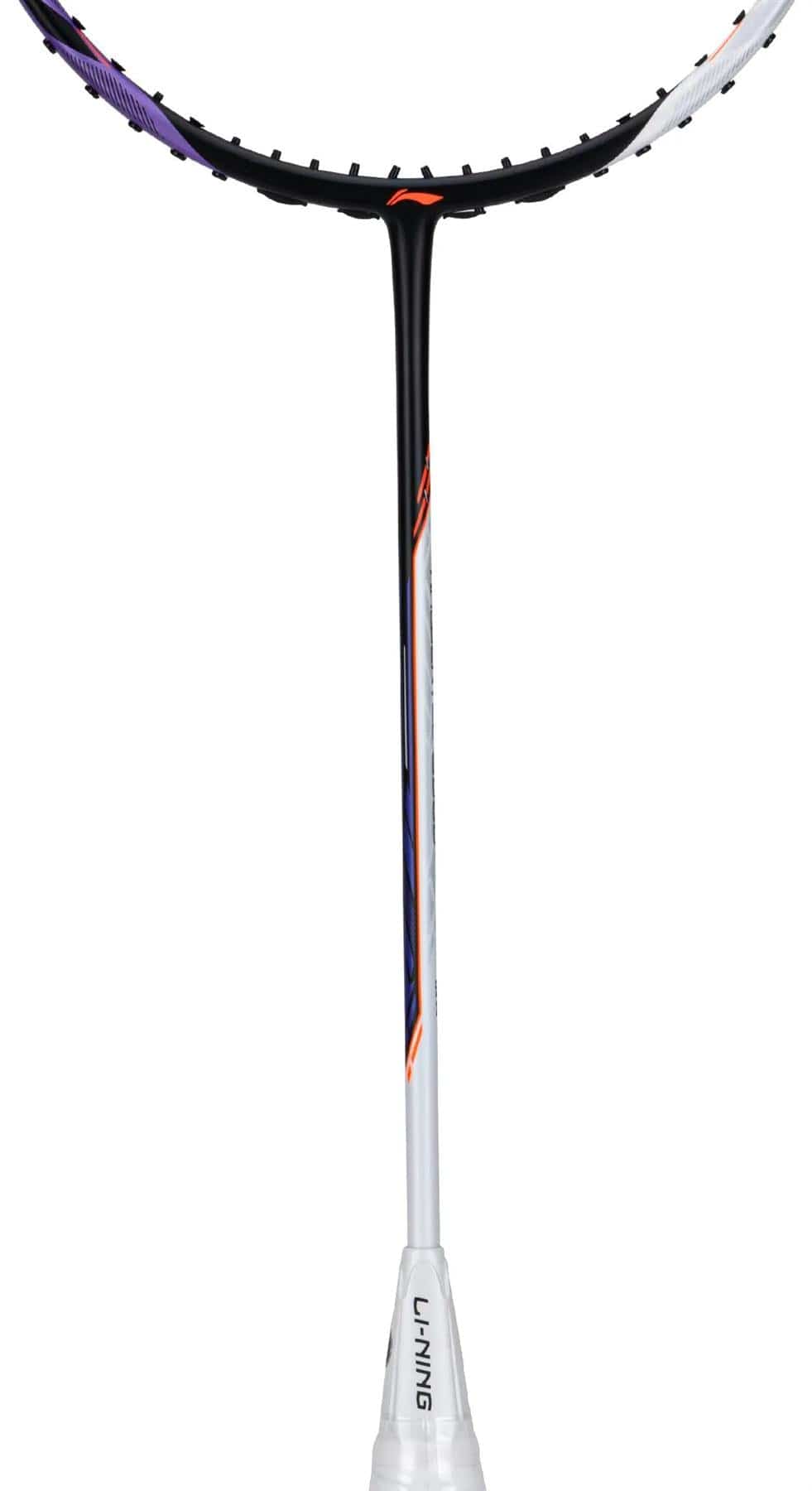 A close-up of the Li-Ning Halbertec 5000 4U Badminton Racket in white and purple highlights the shaft and part of the head. Made with High Modulus Graphite, it features the Li-Ning brand name on the shaft.