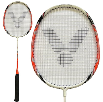 The Victor AL650 Junior Badminton Racket features an aluminium head with a white stringed design and is adorned with a black and white logo. Its stylish appearance is enhanced by a black handle and red and black accents on the frame, making it an ideal choice for those in our educational range.