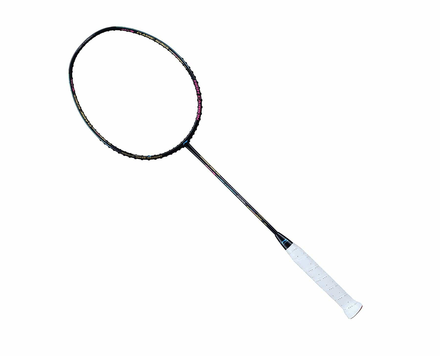 The Li-Ning Windstorm 79H 5U Badminton Racket - Black is an ultralight model with a black frame, light strings, and a white grip. It has a slender oval-shaped design featuring TB-Nano Technology and stands elegantly against a plain white background.