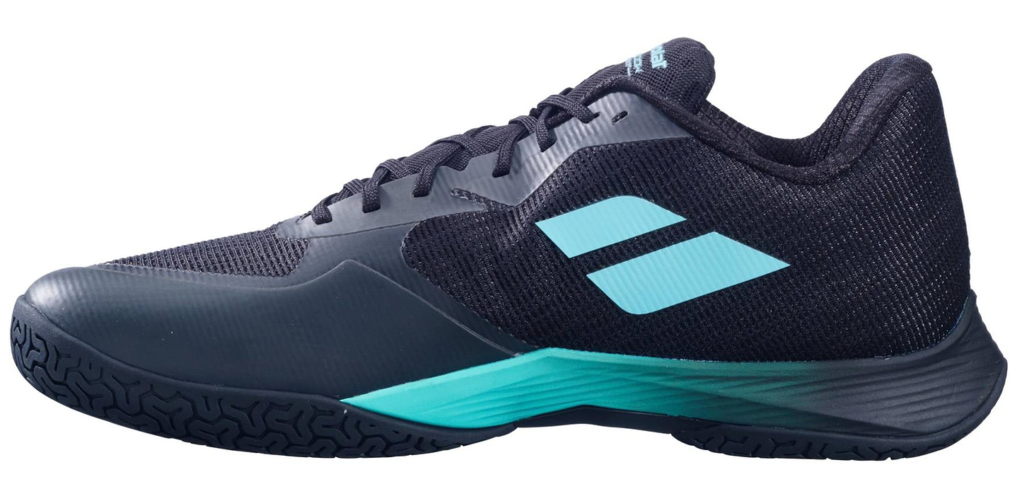 The Babolat Shadow Spirit 2 Men’s Badminton Shoes in black and cyan feature a breathable mesh upper, cyan accents, a textured Michelin sole, and sporty branding.