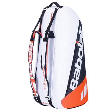The Babolat RH6 Pure Strike 4th Gen 6 Racket Badminton Bag is a roomy white bag with black and red accents, prominently featuring the Babolat logo. Made with isothermal material, it includes several compartments and two shoulder straps for easy carrying, making it ideal for keeping your gear secure and organized.