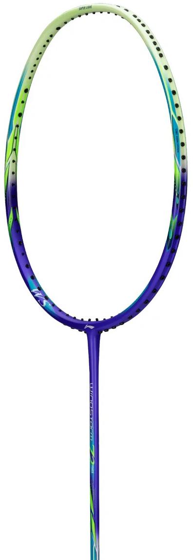 The Li-Ning Windstorm 72 Power 6U Badminton Racket, a lightweight model in purple, is shown vertically against a white background and features advanced TB Nano Technology.