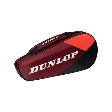 The Dunlop CX Club 3 Badminton Racket Bag in black and red features a lightweight design with a diagonal pattern and prominently displays the brand name in large white letters. It includes a zippered main compartment, padded backpack straps for comfort, and a convenient carrying handle.