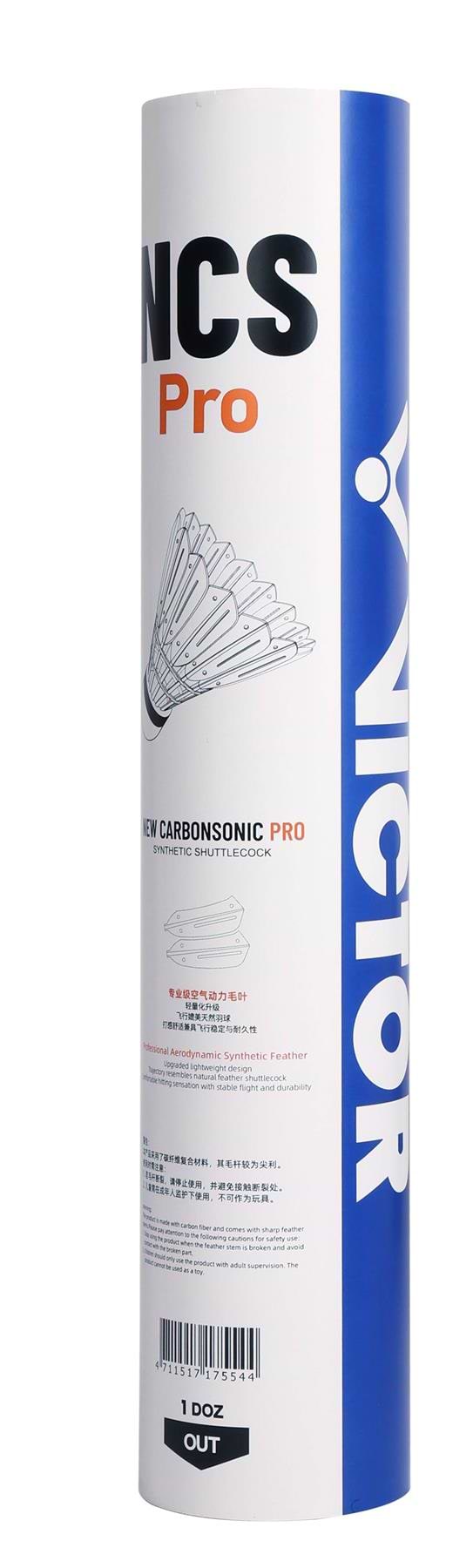 A cylindrical tube of Victor New Carbonsonic PRO NCS Badminton Shuttles (set of 12) shows a blue and white design with the product name, shuttlecock illustration, and text details on the packaging.