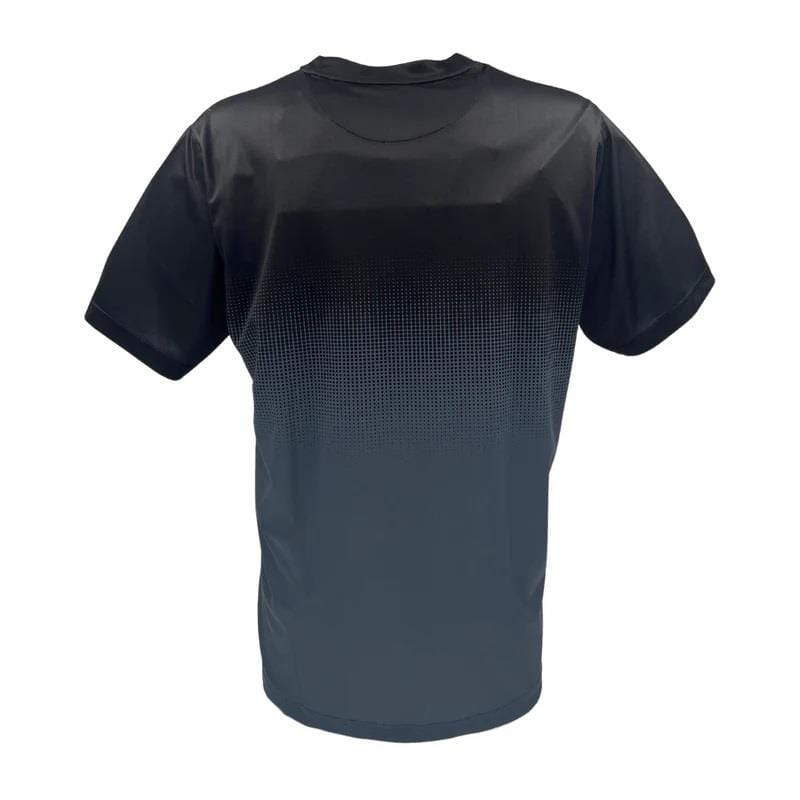 The Yonex YTM5 Men's Badminton T-Shirt in Shadow/Black is crafted from moisture-wicking polyester and features a gradient effect transitioning from dark to light with small dot patterns, providing comfort and style both on and off the court.