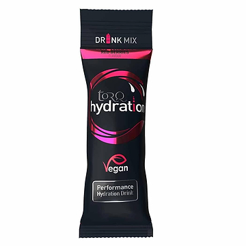 A packet labeled "Torq Hydration Sachet - Red Berries" in black and pink, featuring the Torq brand. This product includes a red berries flavor and displays a "Vegan" symbol, highlighting its advanced hypotonic formulation for superior electrolyte delivery, making it an excellent performance hydration drink.