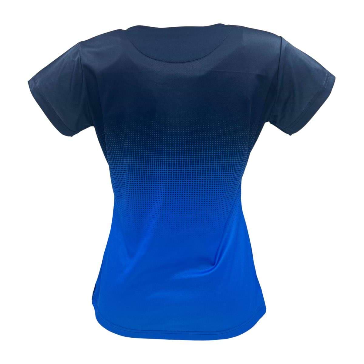 Discover the Yonex YTL5 Women's Badminton T-Shirt in Royal/Navy, made from moisture-wicking polyester. This stylish tee features short sleeves and a gradient design with a navy to bright blue transition and a dotted pattern on the back for flair.