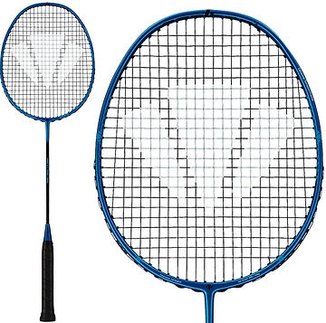 A Carlton 3.7 Team I G6 5U Badminton Racket in blue, featuring a black handle and a white string design, is displayed both in full view and as a close-up of the racket head.