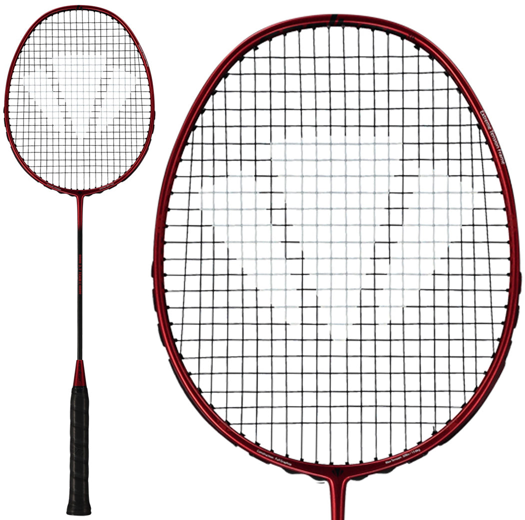 A Carlton 3.7 Team II G6 5U Badminton Racket in red by Carlton is featured, highlighting a close-up of its oval stringed head with a grid pattern next to a full view that shows the handle and shaft—perfect for club players who want precision and control in their badminton racket.