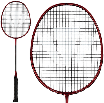 A Carlton 3.7 Team II G6 5U Badminton Racket in red by Carlton is featured, highlighting a close-up of its oval stringed head with a grid pattern next to a full view that shows the handle and shaft—perfect for club players who want precision and control in their badminton racket.