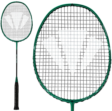 A Carlton 3.7 Team IV G6 6U Badminton Racket in green by Carlton is displayed, featuring a close-up of the oval head and strings alongside a full view of the entire racket, including its handle and shaft.