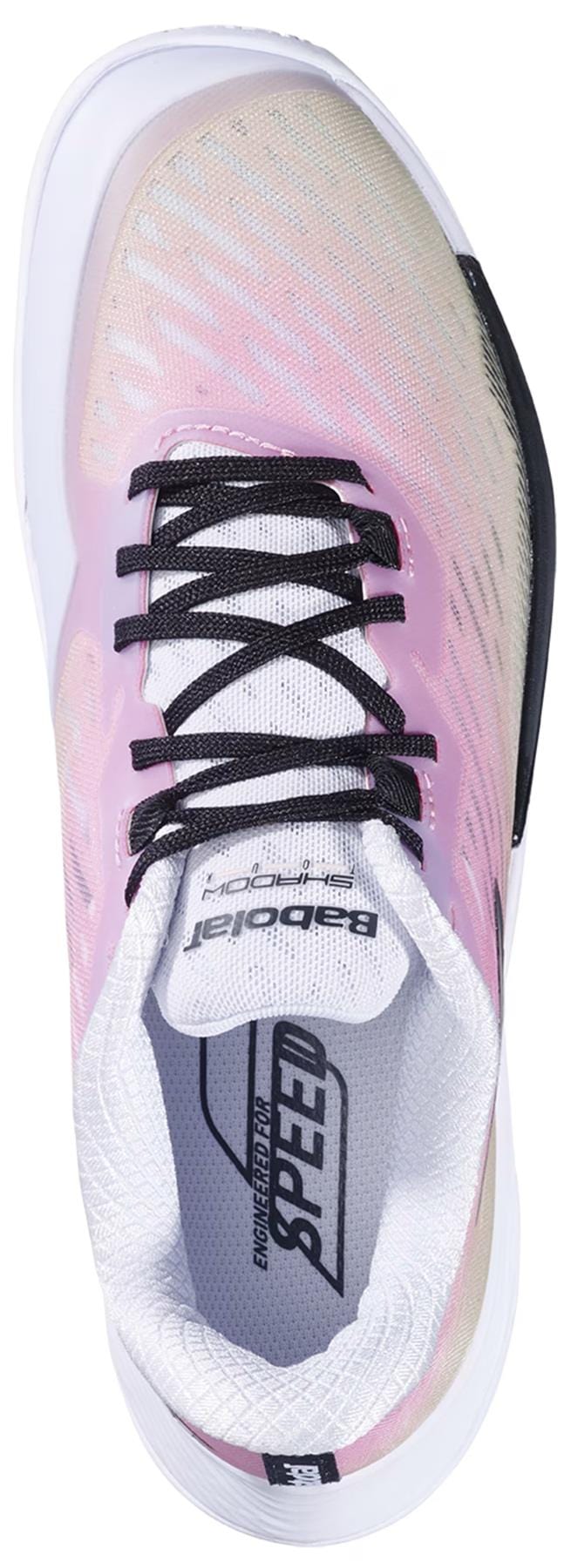 A top view of the Babolat Shadow Tour 5 Womens Badminton Shoes in pink and green features black laces, a white tongue labeled "BOOSTER," white sole, interior text "ENGINEERED FOR SPEED," and is designed for excellent indoor court grip.
