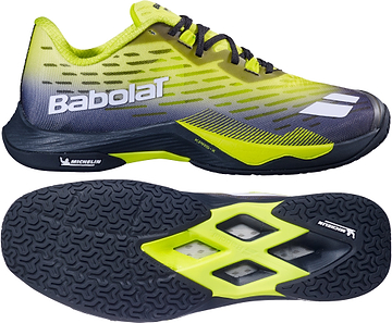 A pair of Babolat Shadow Tour 5 Men’s Badminton Shoes in Black/Lime—displayed from the side and bottom—highlight the signature Babolat branding and a textured Michelin rubber sole, making them an excellent choice for top-tier badminton performance.