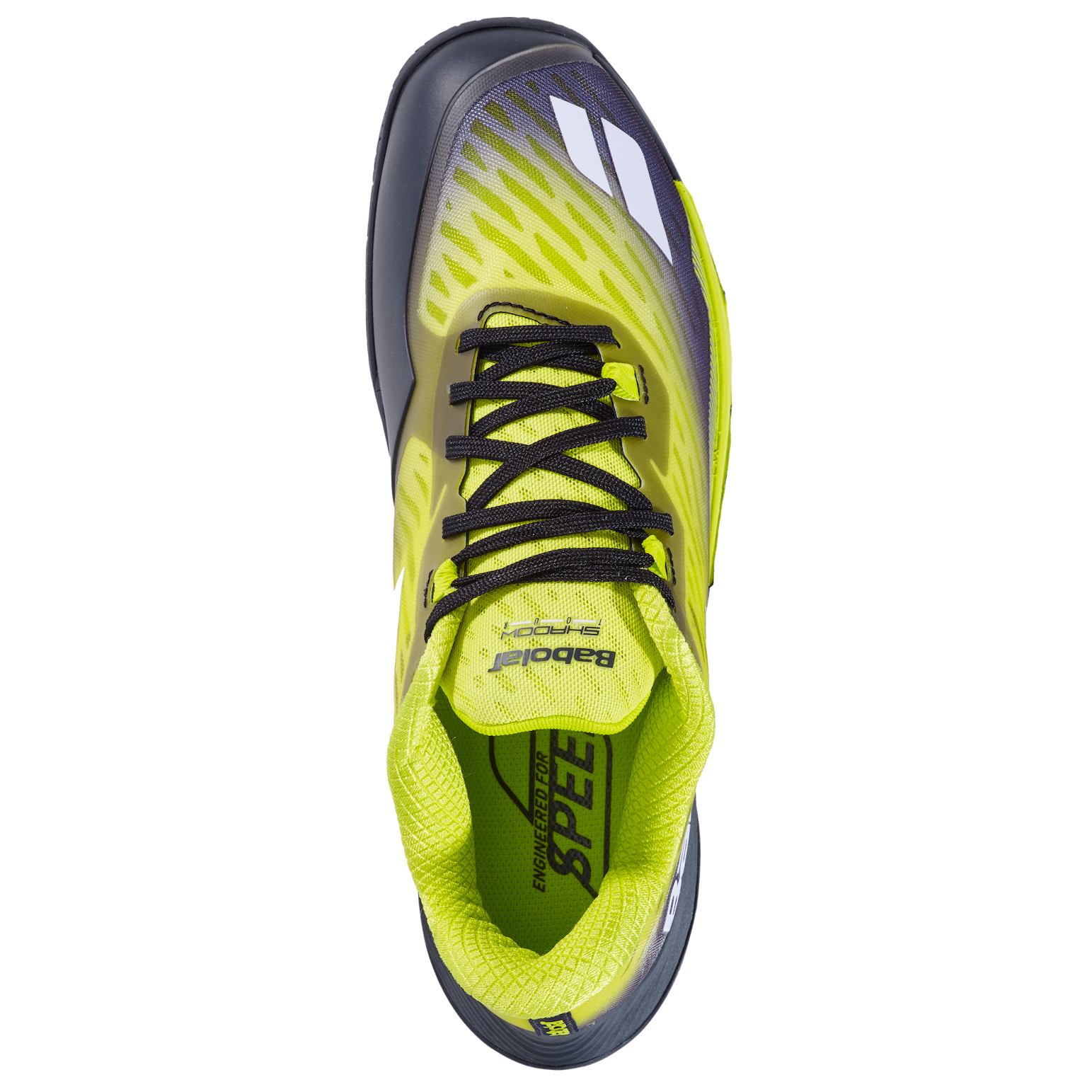 A top view of the Babolat Shadow Tour 5 Men's Badminton Shoes in Black and Lime showcases neon yellow and black coloring with black laces, white accents, and “Babolat” along with “SPEED” on the insole. Designed for premium indoor court performance, this shoe exemplifies Babolat’s commitment to quality badminton footwear.